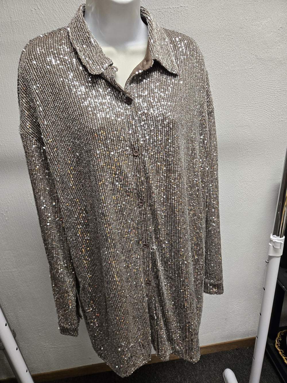 Sequin-Embellished Button-Down Shirt - Taupe